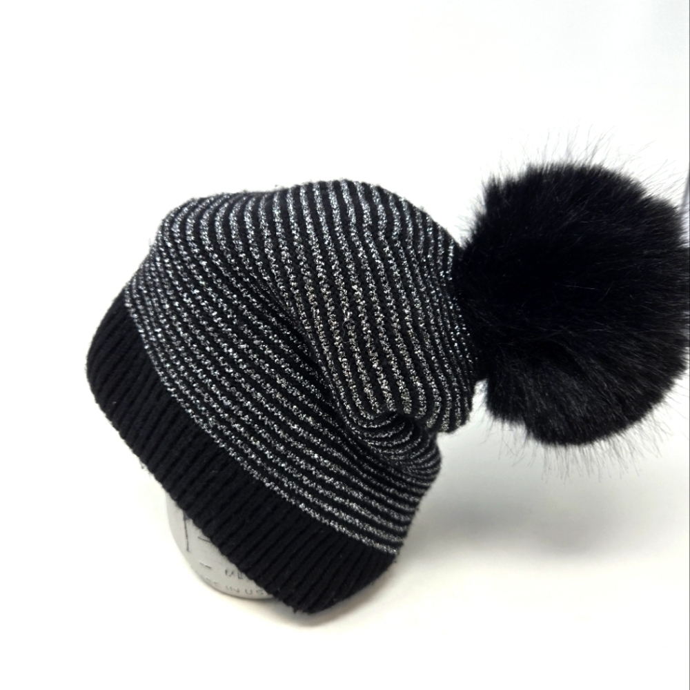 CHICO'S BLACK & METALLIC SILVER STRIPE POM POM BEANIE HAT CAP ACCESSORY WOMEN OS